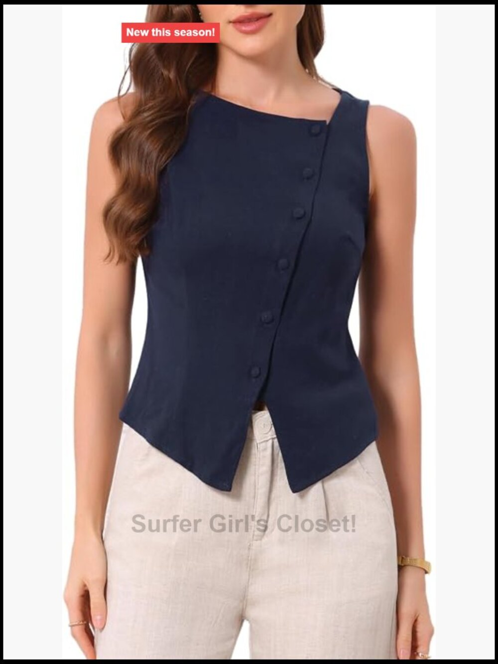 Women Sleeveless Asymmetrical Linen Blend Button Vest Top